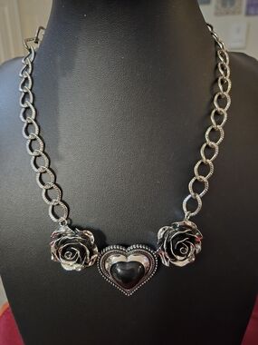 Silver-Tone Heart & Rose Statement Necklace - Black Center